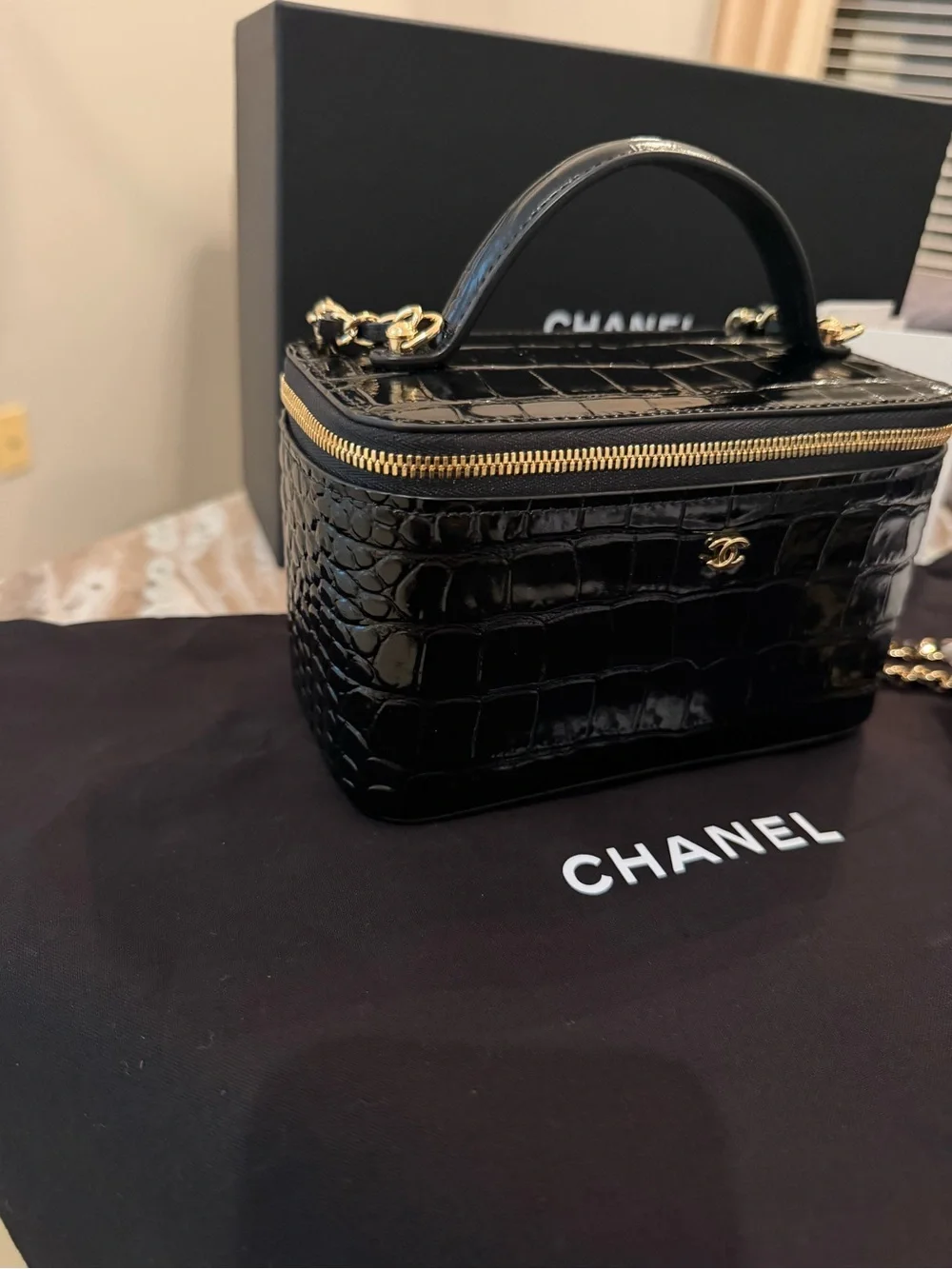 CHANEL Black Croc-Embossed Vanity Box Bag with Gold Hardware new with box